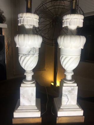 Two Vintage Neo Classical Italian Alabaster Carved Marble Lamps As A Pair
