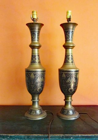 Antique Cloisonné Enameled Brass Table Lamps