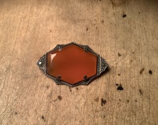 Vintage Sterling Silver And Marcasite Pin/brooch With Orange ‘stone’