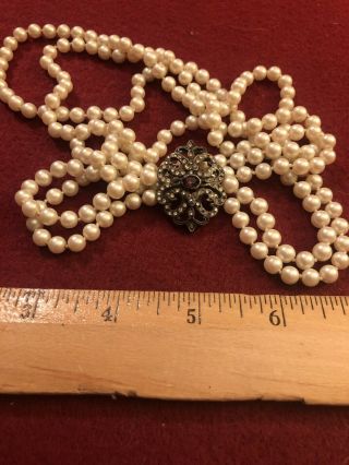 Vintage,  Double Strand Faux Pearl Necklace With Silvertone Center Pendant