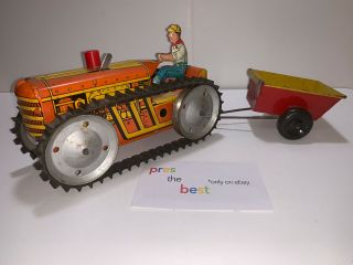 Vtg Antique Marx Mar Toys Wind Up Tin Climbing Tractor W/ Tow Trailer (usa)