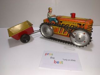 VTG Antique MARX MAR TOYS Wind Up Tin Climbing Tractor w/ Tow Trailer (USA) 2