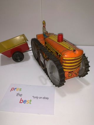 VTG Antique MARX MAR TOYS Wind Up Tin Climbing Tractor w/ Tow Trailer (USA) 3
