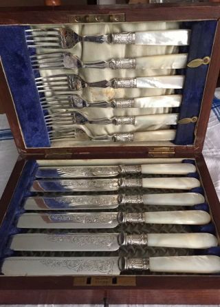 Boxed,  Key Dessert Mother Of Pearl Handle Knives & Forks Silver Plated C.  1900
