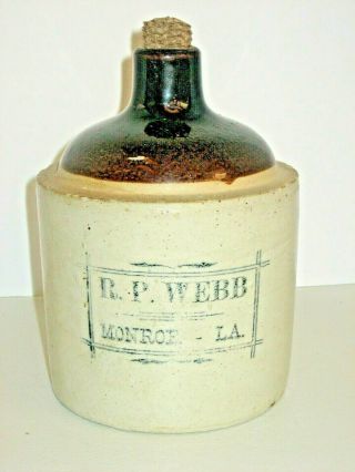 Antique Stoneware Liquor Jug With Advertising & Cork,  Jug Is Empty