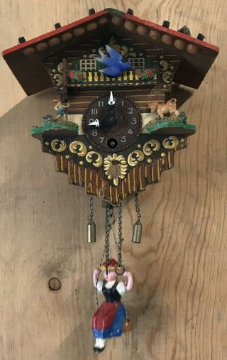 Vintage Windup German Mini Chalet Clock,  Swinging Girl On Spring,