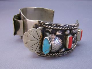Vintage Nickel Silver Navajo - Style Watch Cuff Bracelet W/ Turquoise & Coral