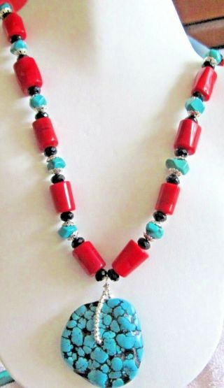 Massive Vintage Chinese Huge Turquoise Red Coral Onyx Sterling Necklace 30 "