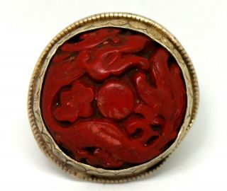 Antique Tibetan Chinese Silver And Cinnabar Ring Size 9.  5