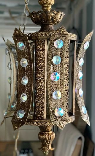Vintage Mediterranean Huge Crystal & Brass Filigree Swag Lamp