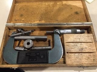 Vintage Tesa 3” - 4” Outside Micrometer In Wooden Box (box Lock Clips Missing)