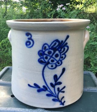 Antique Stoneware 3 Gallon Straight Crock W/fancy Blue Flower