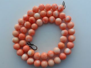 Antique Vintage Natural Carved Salmon Pink Coral Round Beads Necklace 18 "