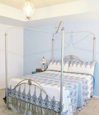 Canopy Bed Queen Size Metal Four Poster Headboard Pewter Gold Silver Curved Top