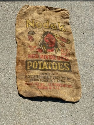 Vintage Nodak Red River Potato Grand Forks Nd Indian Graphic Burlap Sack 100 Lbs