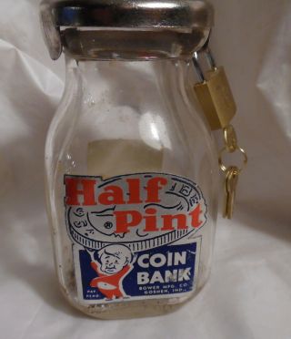 Vintage Half Pint Milk Bottle Coin Bank W/lock And Key Bower Mfg Goshen In