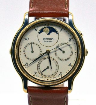Vintage Mens Seiko Triple Calendar Day Date Moonphase 34mm Wrist Watch 7f39 - 6029