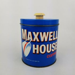 Vintage Maxwell House Coffee Advertising Metal Graphic Tin With Button Type Lid