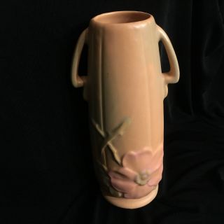 Vintage Weller American Art Pottery Dogwood Peach Handled Vase - 8” Tall