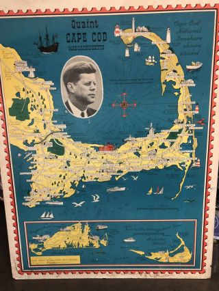 Vintage Tourist Wall Map Cape Cod Nantucket Martha 