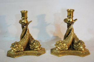 2 Antique Vintage Bronze Brass Candle Holders Candlesticks Fish Griffin Dolphins
