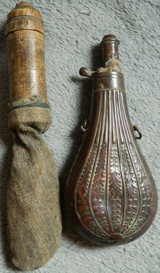 Great Antique German Copper Black Powder Flask & Shot Flask 1900 