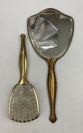 Vintage Collectible Hand Held Brass Mirror and Brush 2 PC.  Set Victorian 2