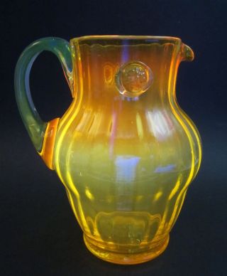 Antique Bohemian Moser Art Glass Owl Bird Yellow Pitcher Manganese Glows Orange