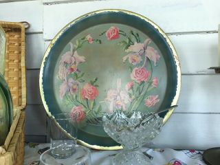Shabby Chic Vintage 14” Metal Serving Tray Iris And Roses Motif