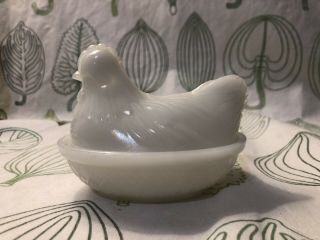 Vintage Small Milk Glass Hen Chicken Rooster On Nest White