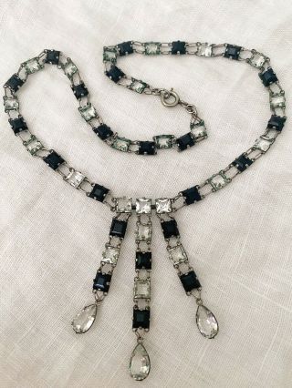 Vintage Antique Art Deco Sterling Jet Crystal Paste Glass Open Back Necklace