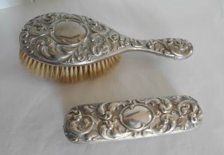 Vintage Silver Plated Ornate Rococo Style Hair Brush & Clothes Brush Set