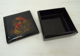 Vintage Russian Black Lacquer Trinket Jewelry Box Hand Painted Fish