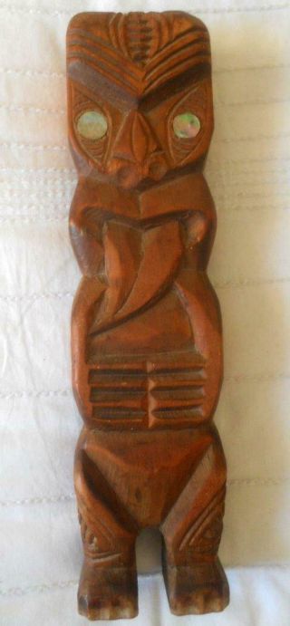 Vintage Carved Wood Zealand Maori Tiki Paua Shell Eyes 25.  5 Cm