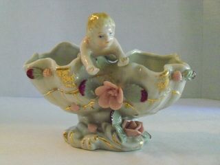Vintage Ucagco Ceramics Japan Cherub Vase Or Small Planter Pink White Gold Green