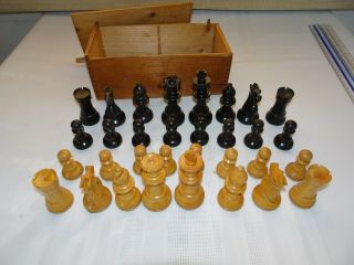 Antique Hand Carved Wooden Chess Set Complete And Vg,