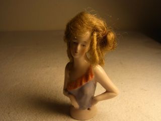 Vintage German Porcelain Half Doll Lady With Hair Ba3