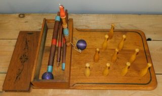 Antique Skittles Bowling Alley Game Table Wood Slide Top Box Polychrome Colors