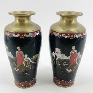 Pair Antique Cloisonne Brass Mother Of Pearl Inlaid Vases Black Lacquer Asian