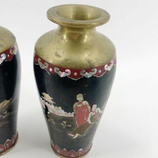 Pair Antique Cloisonne Brass Mother of Pearl Inlaid Vases Black Lacquer Asian 2