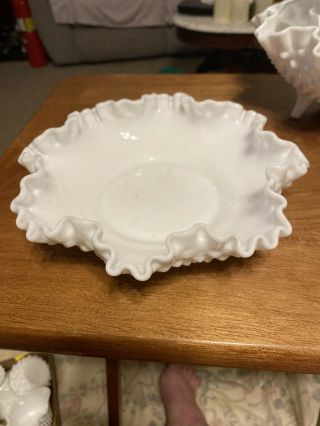 Vintage Fenton Milk Glass Hobnail White Bowl With Ruffled Top
