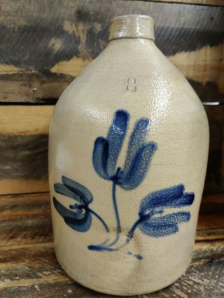 Attributed - Lyons 1 Gallon Blue Floral Cobalt Decorated Stoneware Jug.  Gorgeous