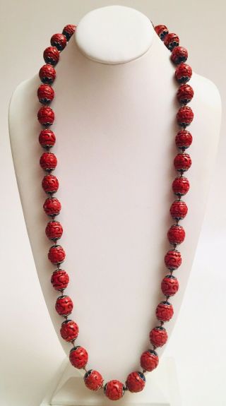 Rare Antique Vintage Chinese Carved Red Cinnabar Enamel Shou Big Bead Necklace