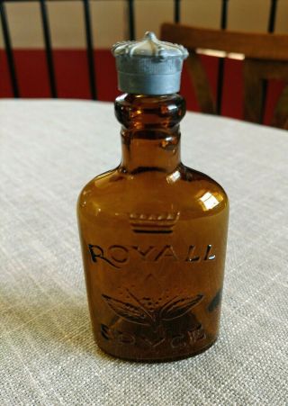 Vintage Royall Spyce Brown Glass Bottle Pewter Crown Top 4 1/2” X 2 " England
