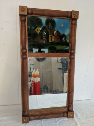 Antique Reverse Painted Moonlight Village Scene Classical Federal Wall Mirror
