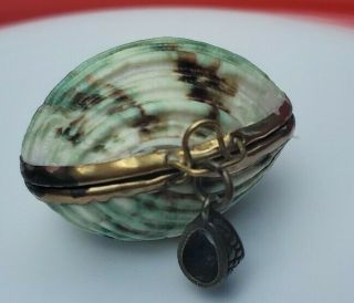 Vintage Green And White Clam Sea Shell Hinged Trinket Coin Box Victorian Style