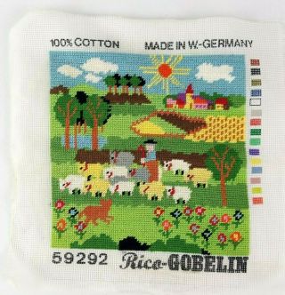 Rico Gobelin Completed Needlepoint Shepherd Sheep Dog Pastoral Scene Vintage