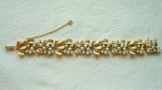 Vintage Crown Trifari Faux Pearl Bracelet,  Brushed Gold - Tone Leaf Pattern