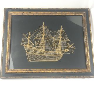 Vintage " The Golden Hind " Pure Gold On Sterling Silver Silhouette Ship Framed