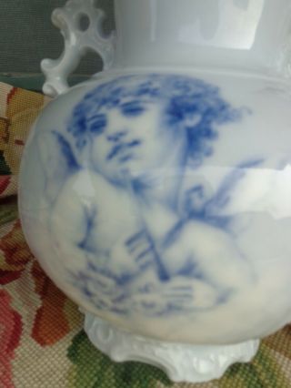 Antique Victorian Germany Porcelain Vase Blue Cherub Cupid Portrait Rose Floral